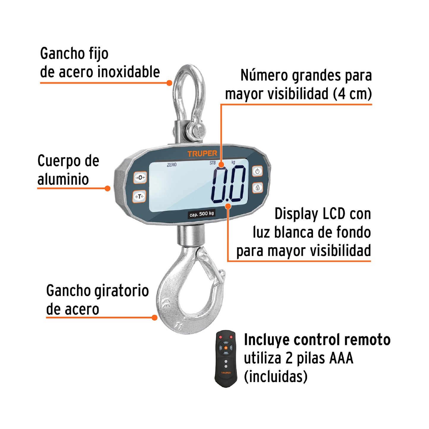 Báscula electrónica colgante, recargable, 500 kg, Truper