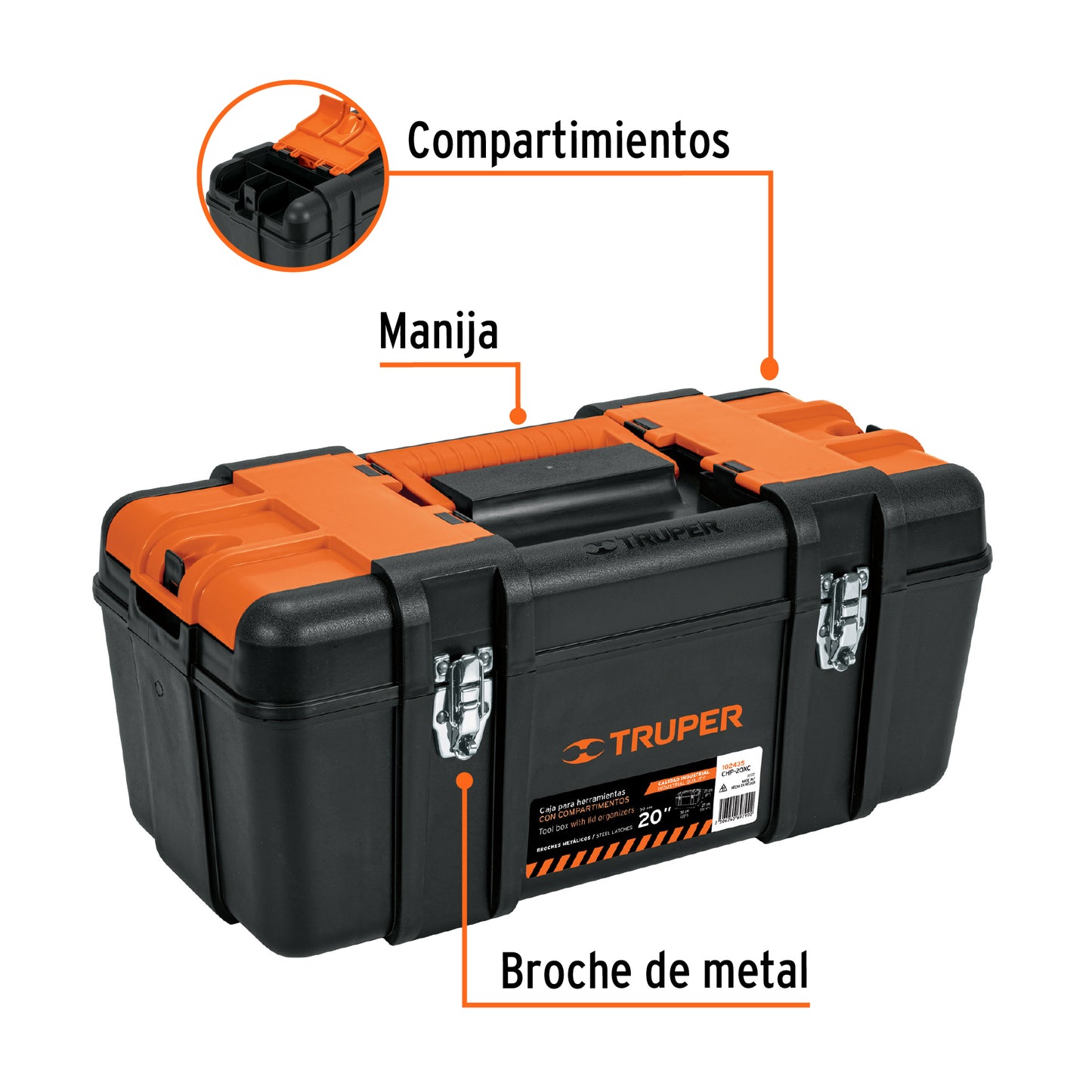Caja p/herramienta 20' con compartimentos, broches metálicos