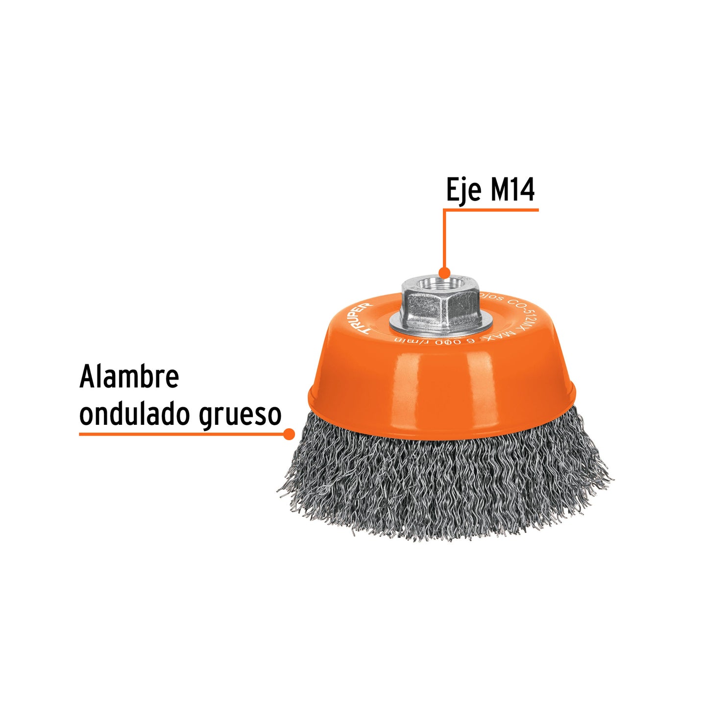 Carda copa 5' alambre ondulado grueso, eje M14, Truper