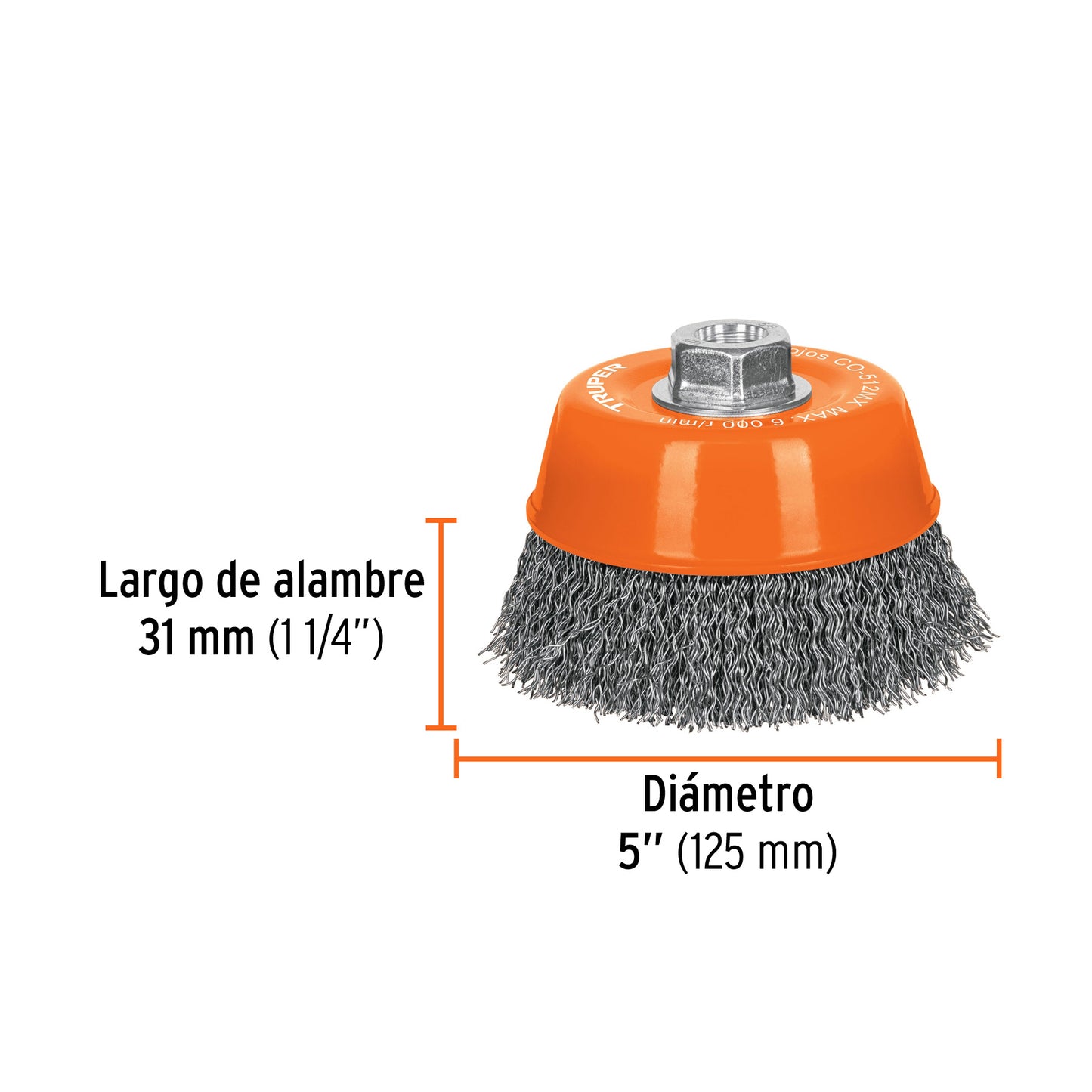 Carda copa 5' alambre ondulado grueso, eje M14, Truper