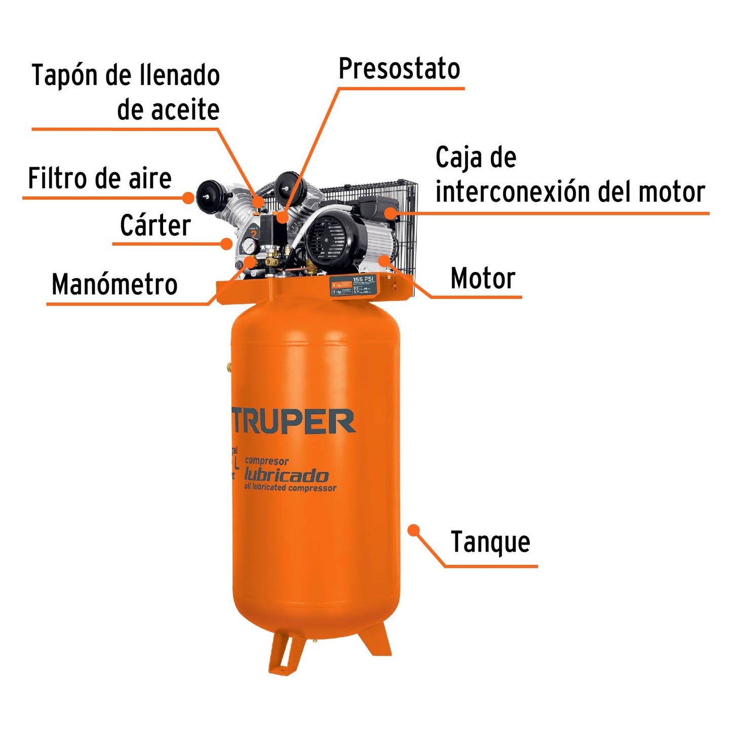Compresor de aire, con banda, vertical 180L 4HP, 220V Truper