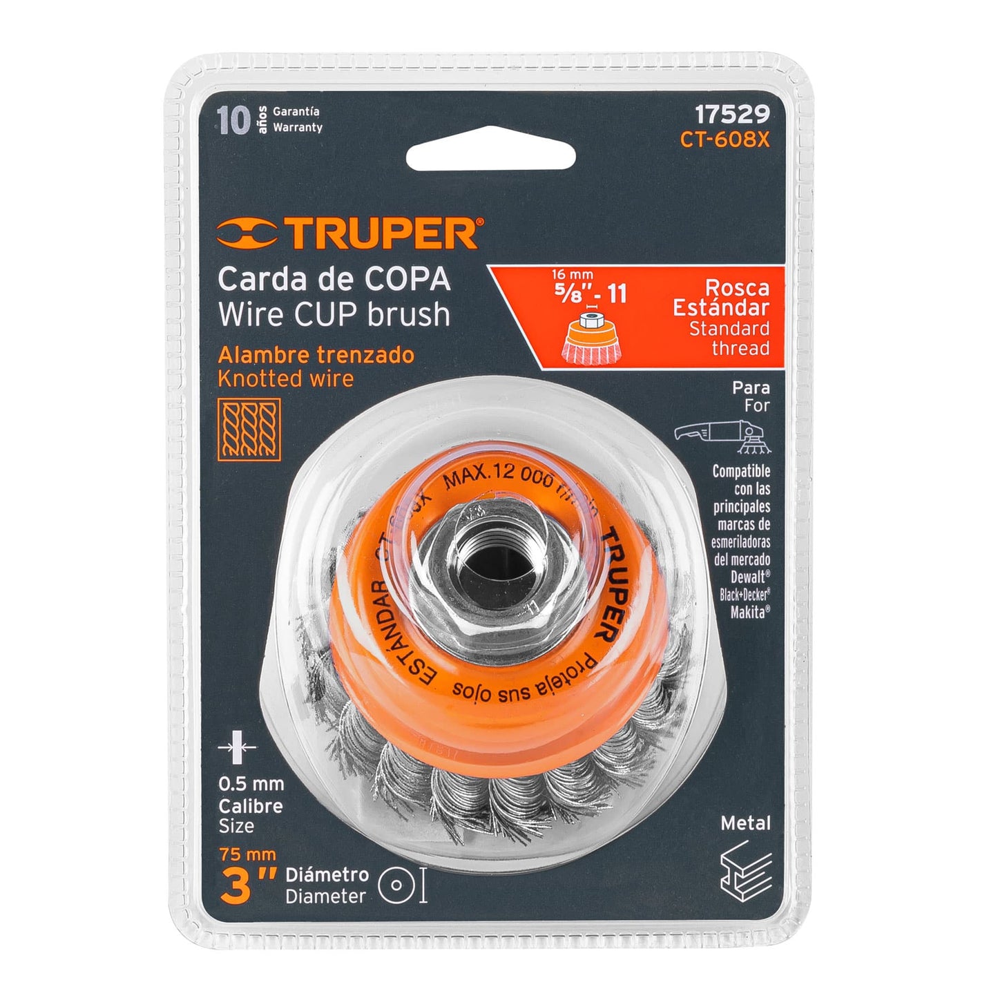 Carda copa 3' alambre trenzado grueso, eje 5/8'- 11, Truper