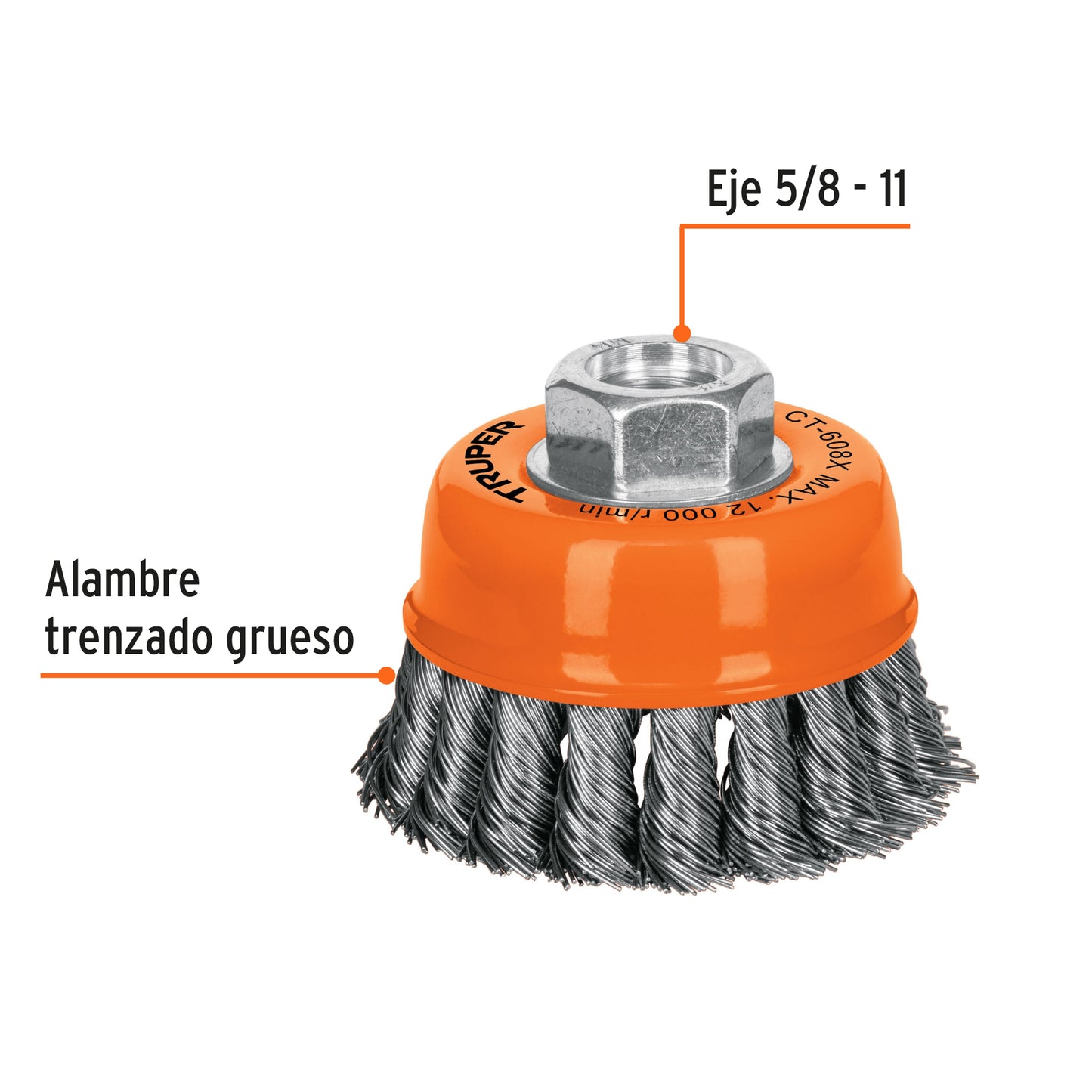Carda copa 3' alambre trenzado grueso, eje 5/8'- 11, Truper