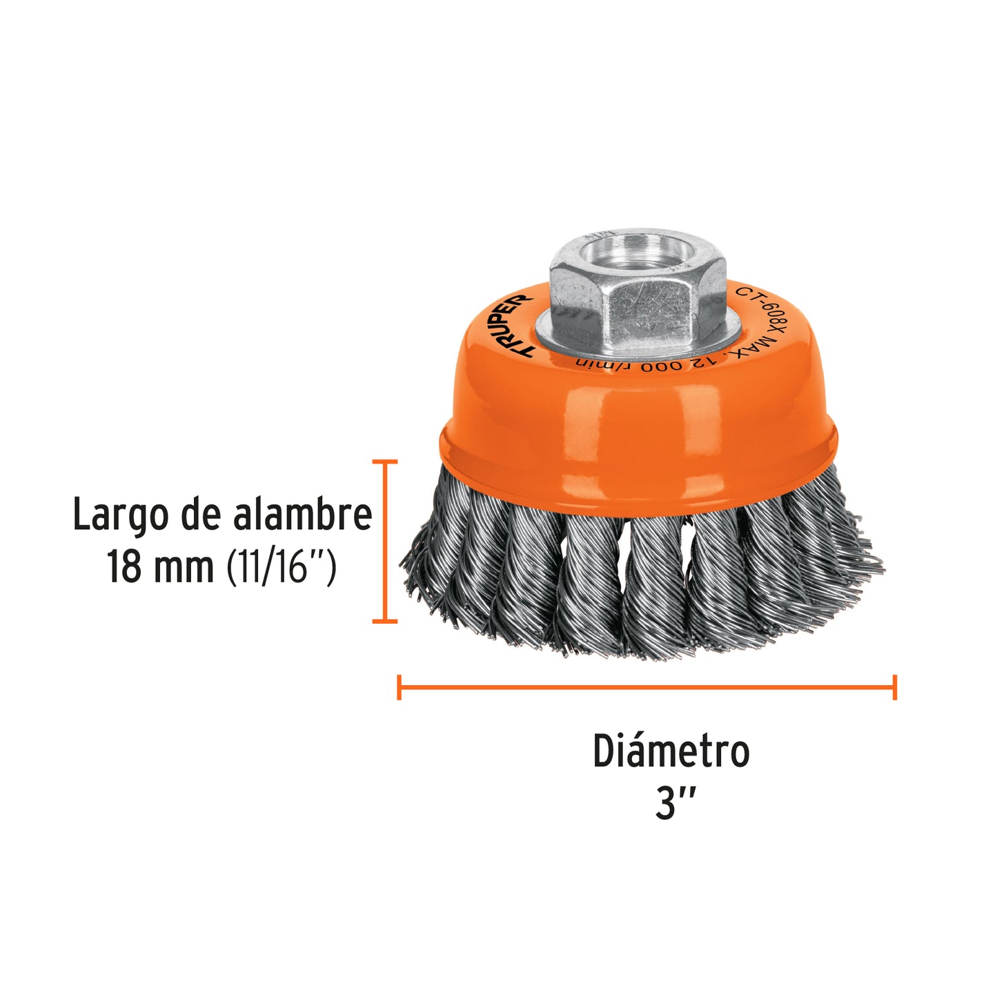 Carda copa 3' alambre trenzado grueso, eje 5/8'- 11, Truper