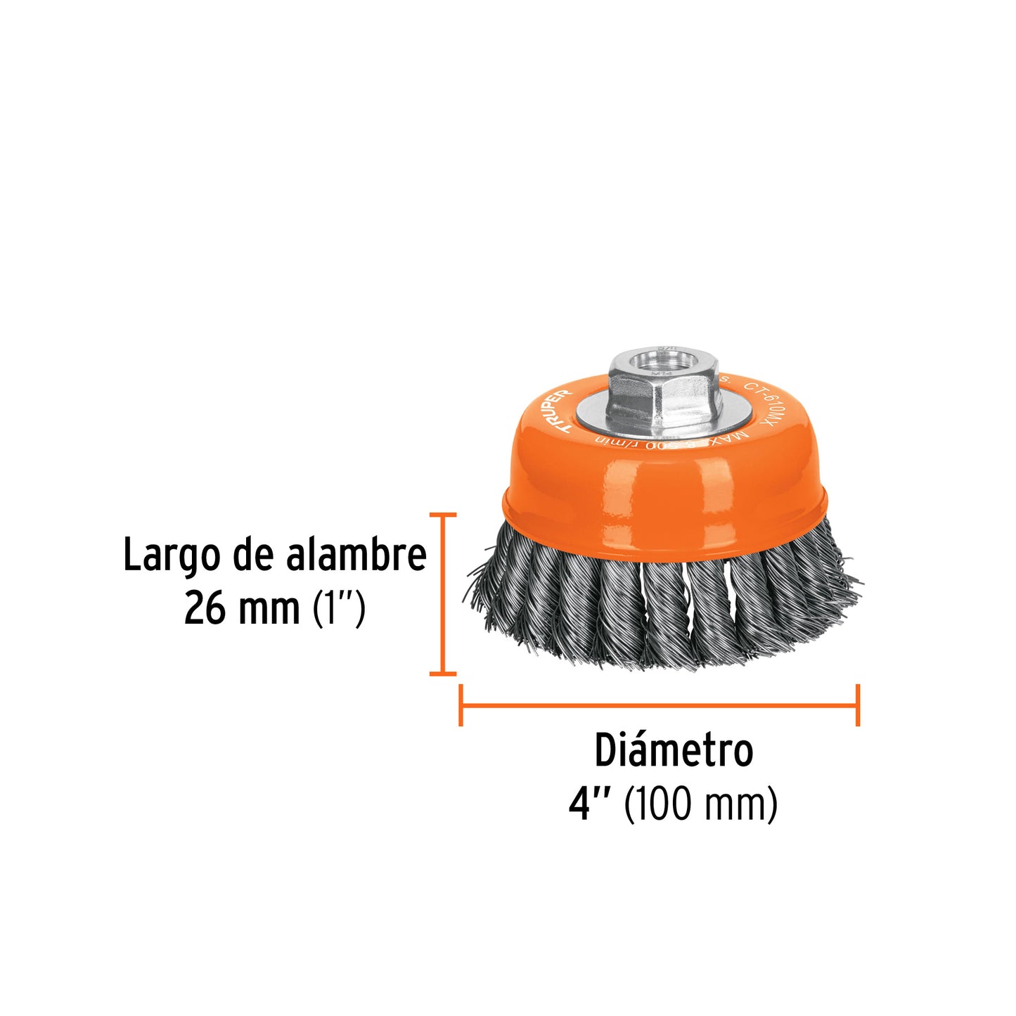 Carda copa 4' alambre trenzado grueso, eje M14, Truper