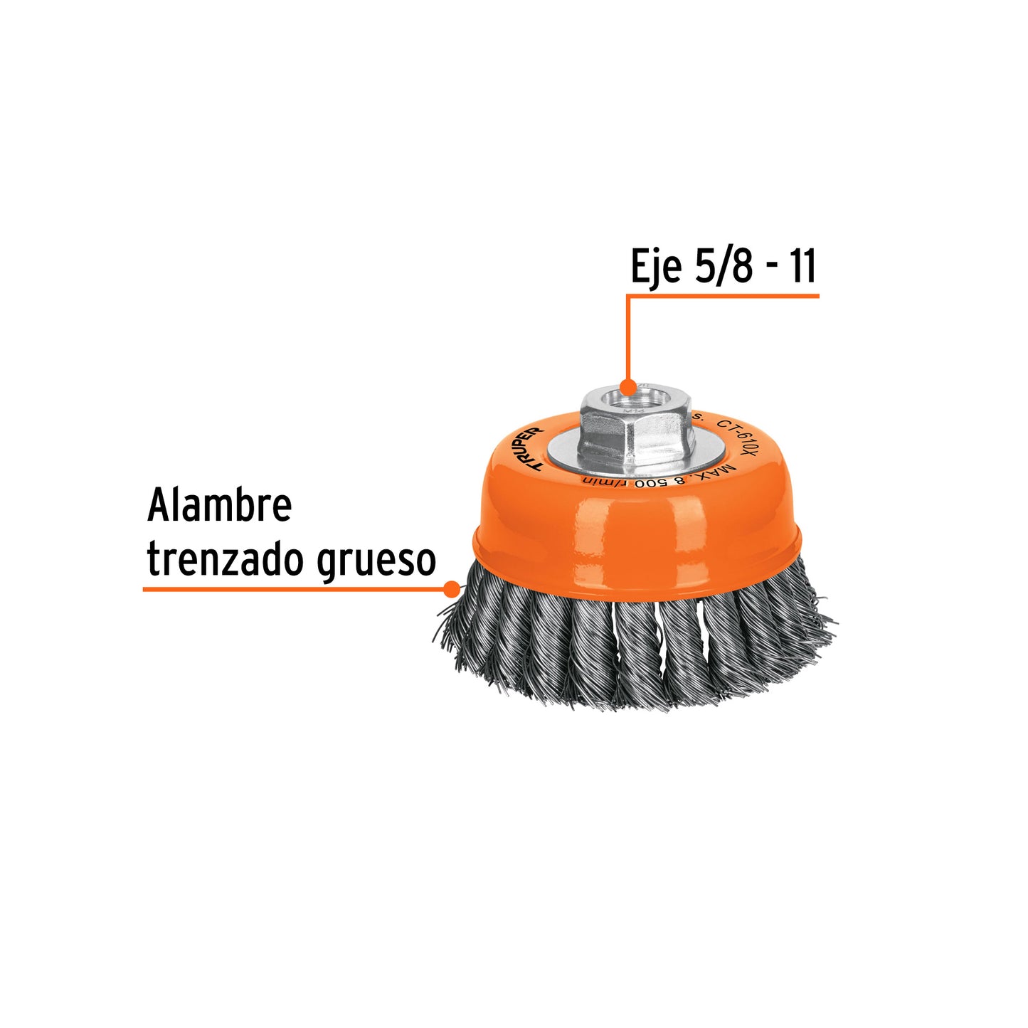 Carda copa 4' alambre trenzado grueso, eje 5/8'-11, Truper