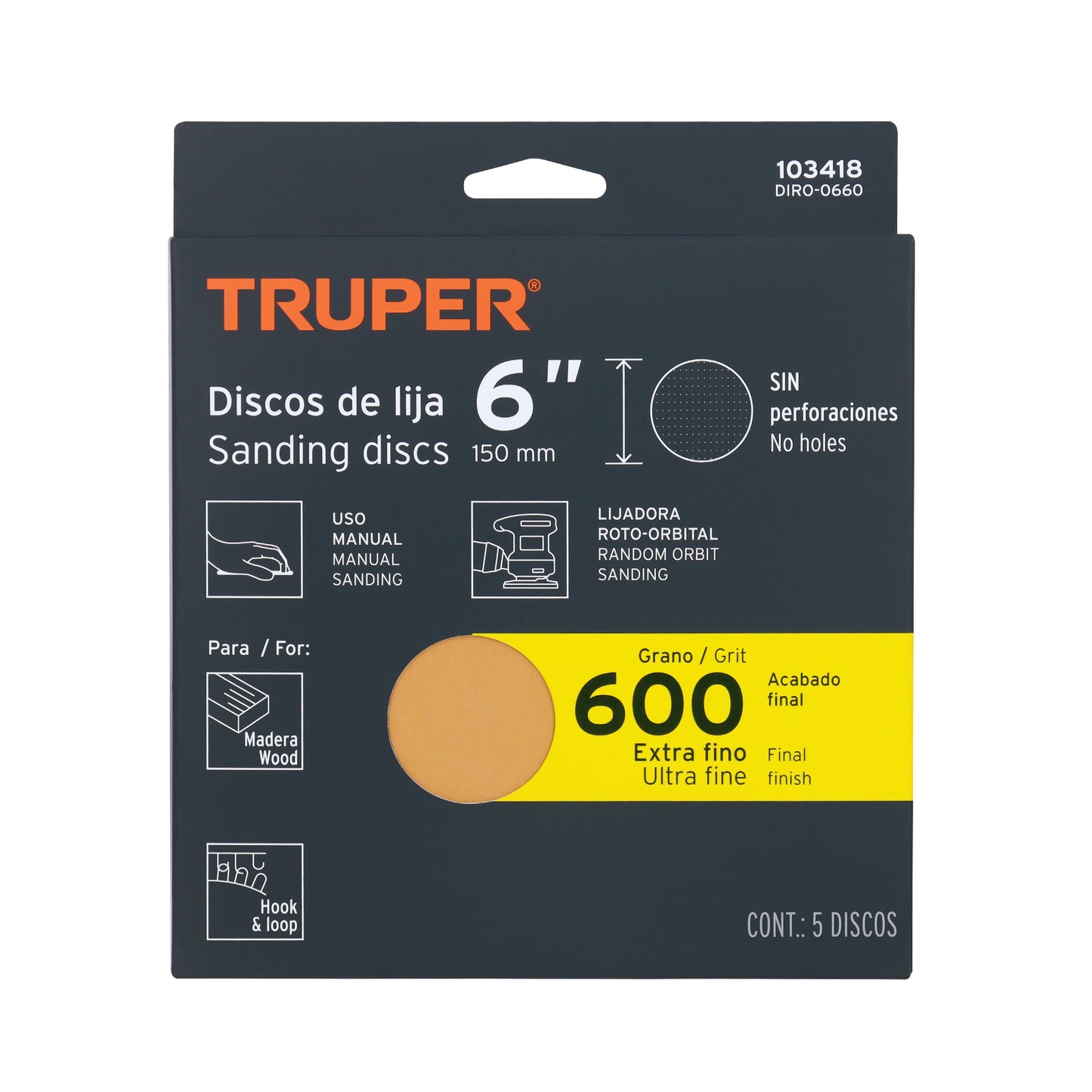 Caja 5 discos de lija p/madera 6' grano 600, velcro, s/perf.