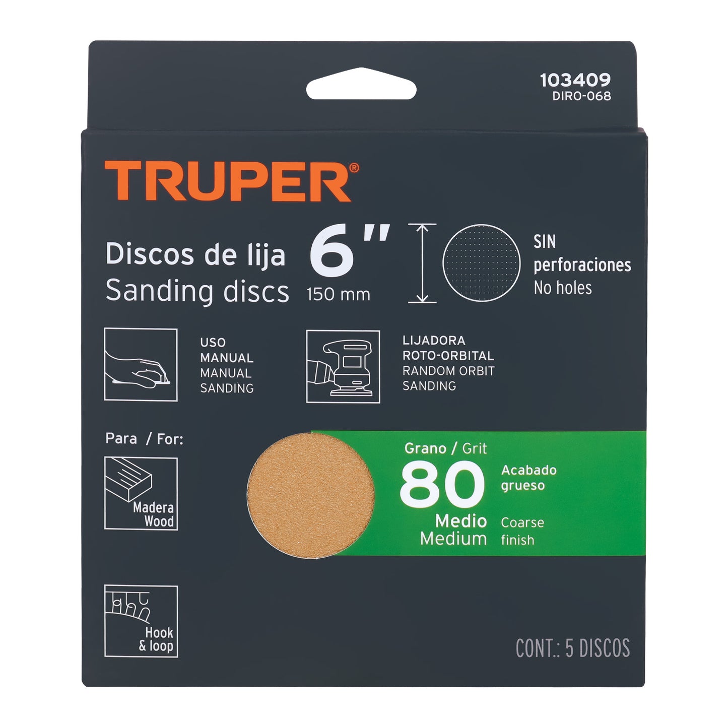 Caja 5 discos de lija p/madera 6' grano 80, velcro, s/perf.