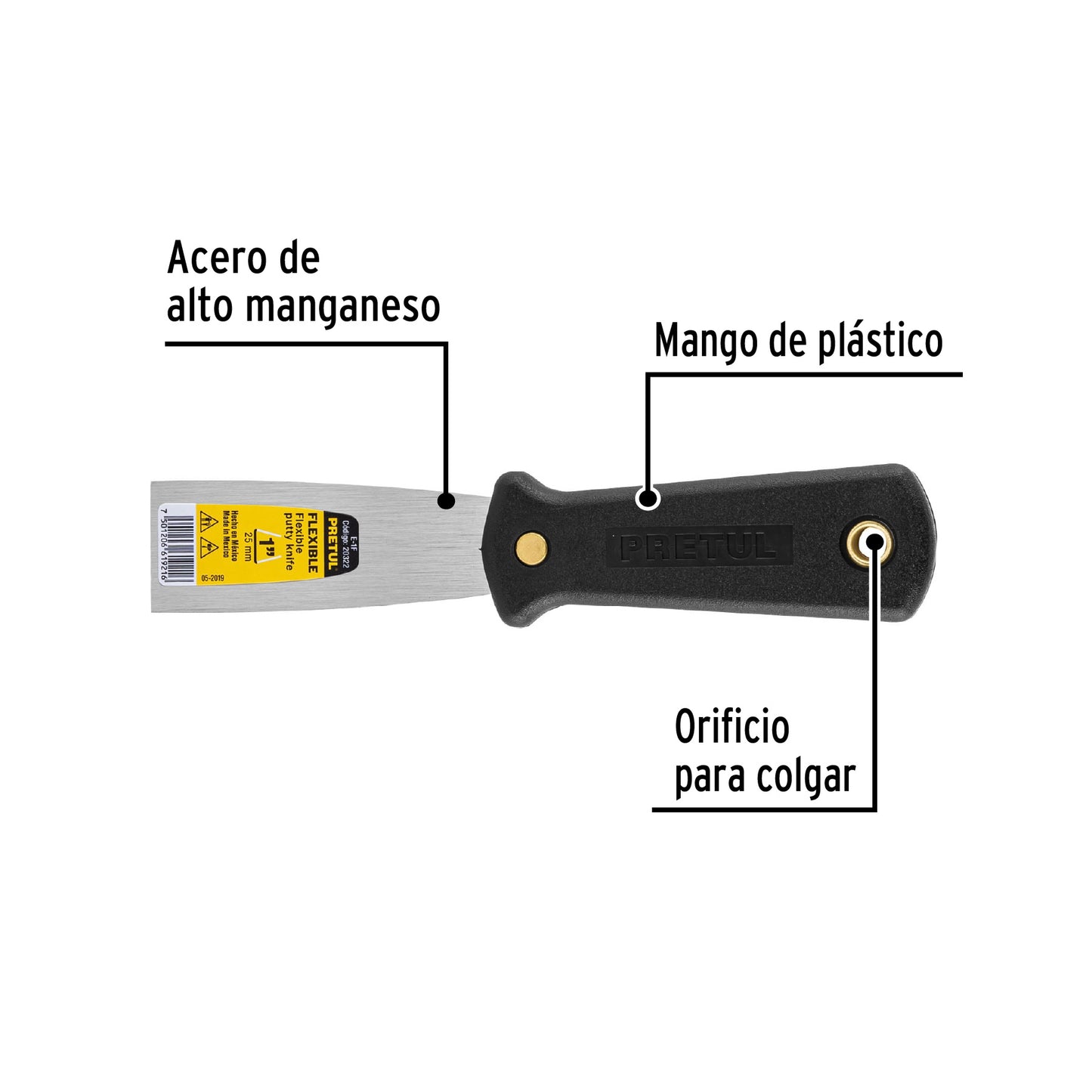 Espátula flexible 1' con mango de plástico, Pretul