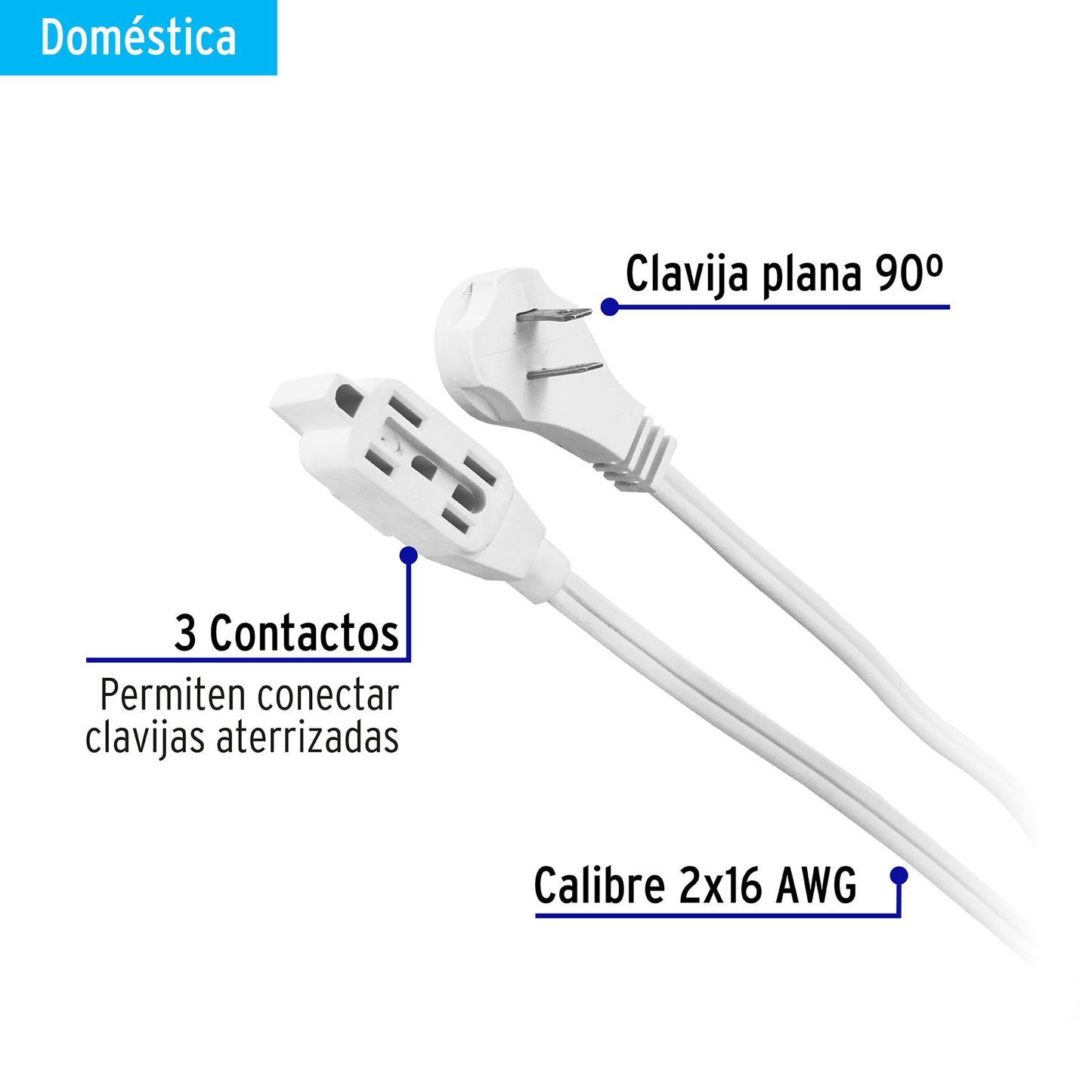 Extensión eléctrica doméstica 3 m blanca con clavija plana