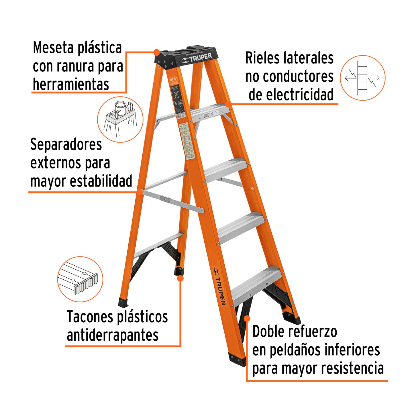 Escalera de tijera, tipo ll, 4 peldaños, fibra de vidrio