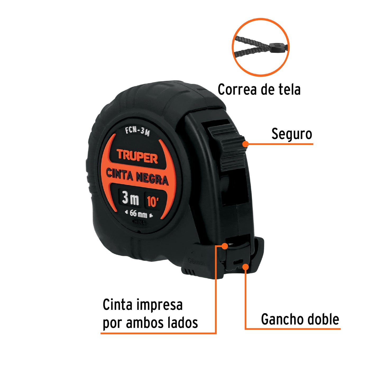 Flexómetro contra impactos 3 m, Cinta Negra 13 mm, Truper
