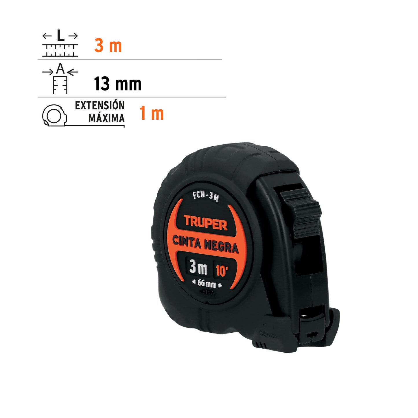 Flexómetro contra impactos 3 m, Cinta Negra 13 mm, Truper
