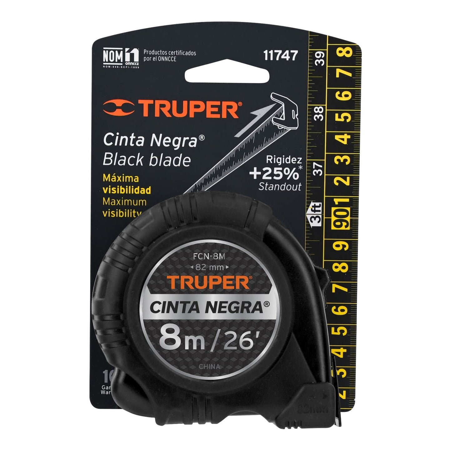 Flexómetro contra impactos 8 m, Cinta Negra 25 mm, Truper
