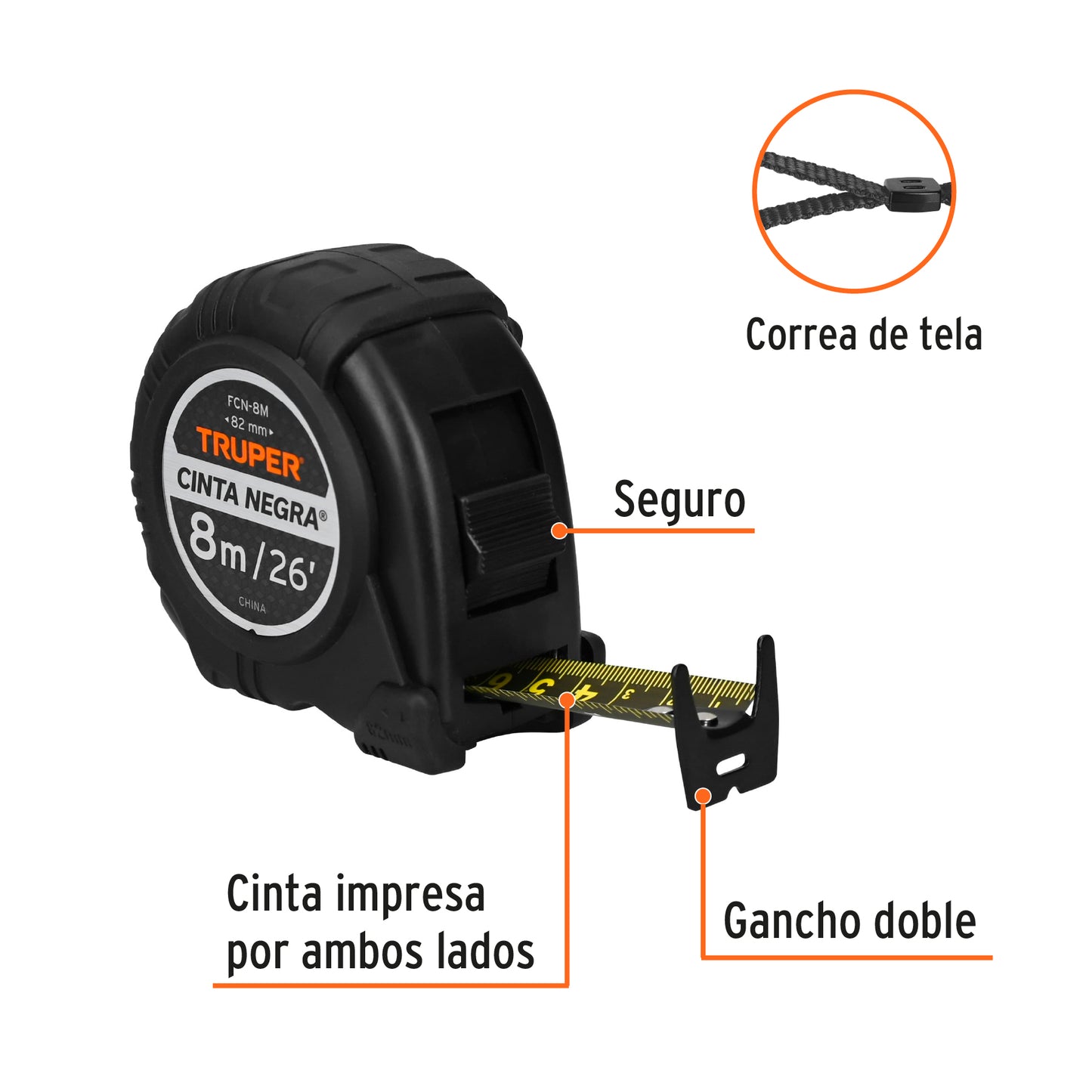 Flexómetro contra impactos 8 m, Cinta Negra 25 mm, Truper