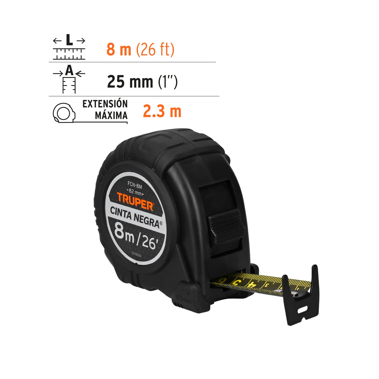 Flexómetro contra impactos 8 m, Cinta Negra 25 mm, Truper