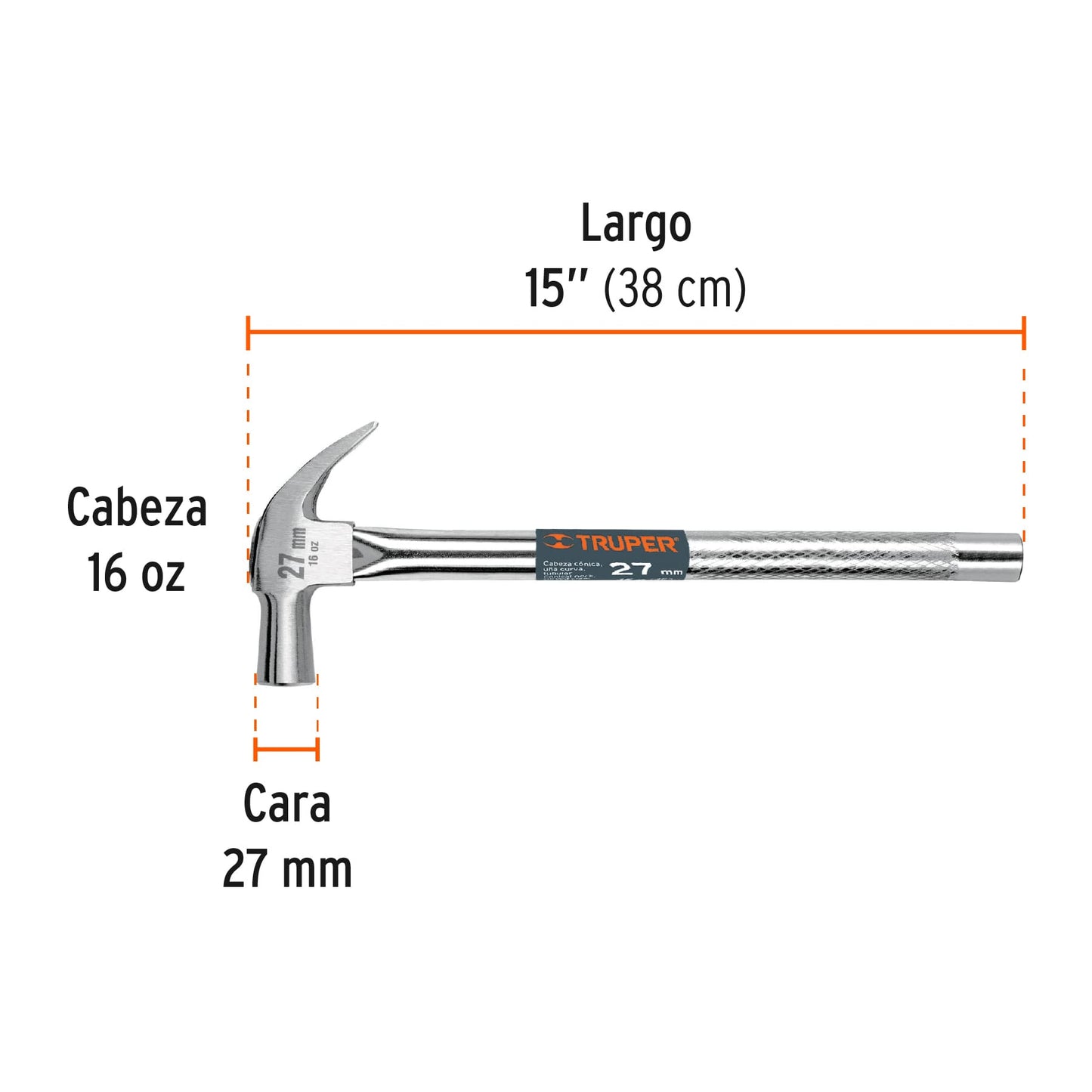 Martillo cabeza cónica 27 mm uña curva, mango tubular