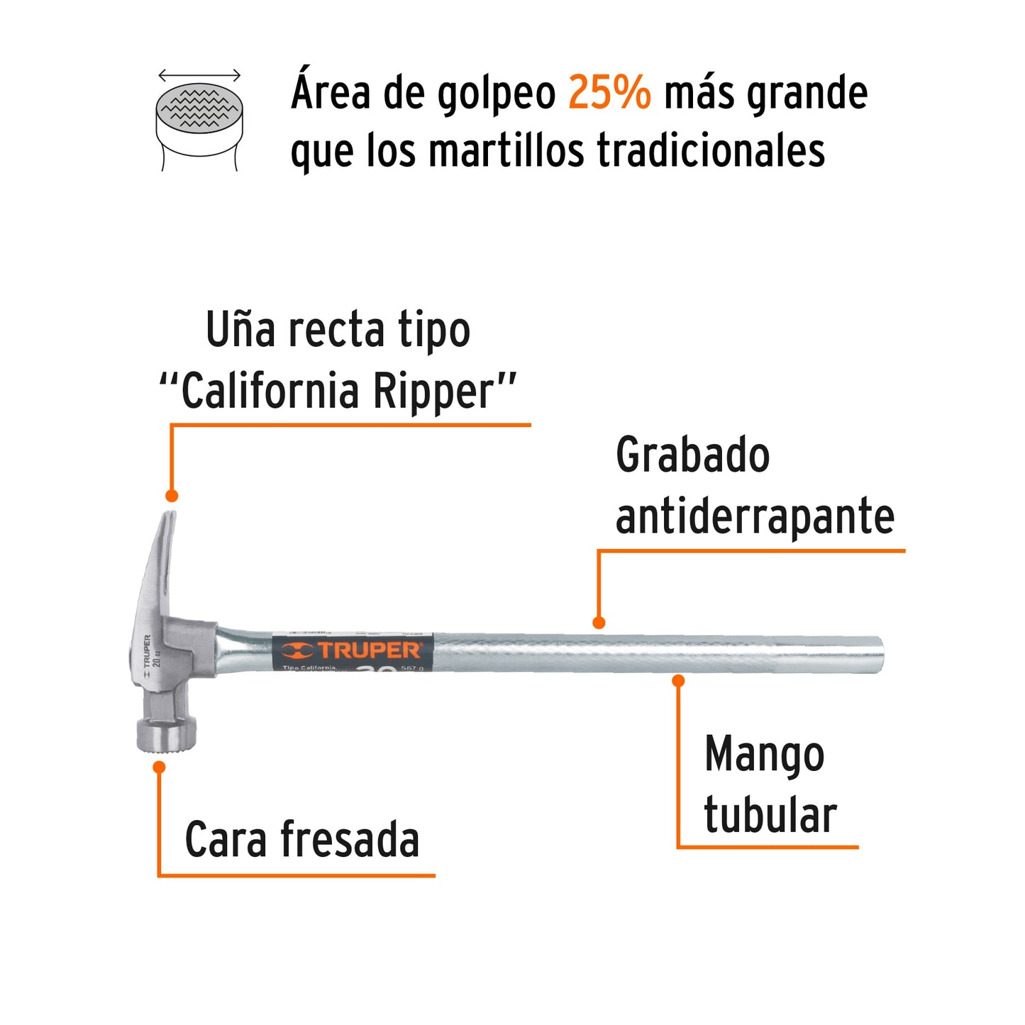 Martillo tubular 20 oz uña California Ripper, cara fresada