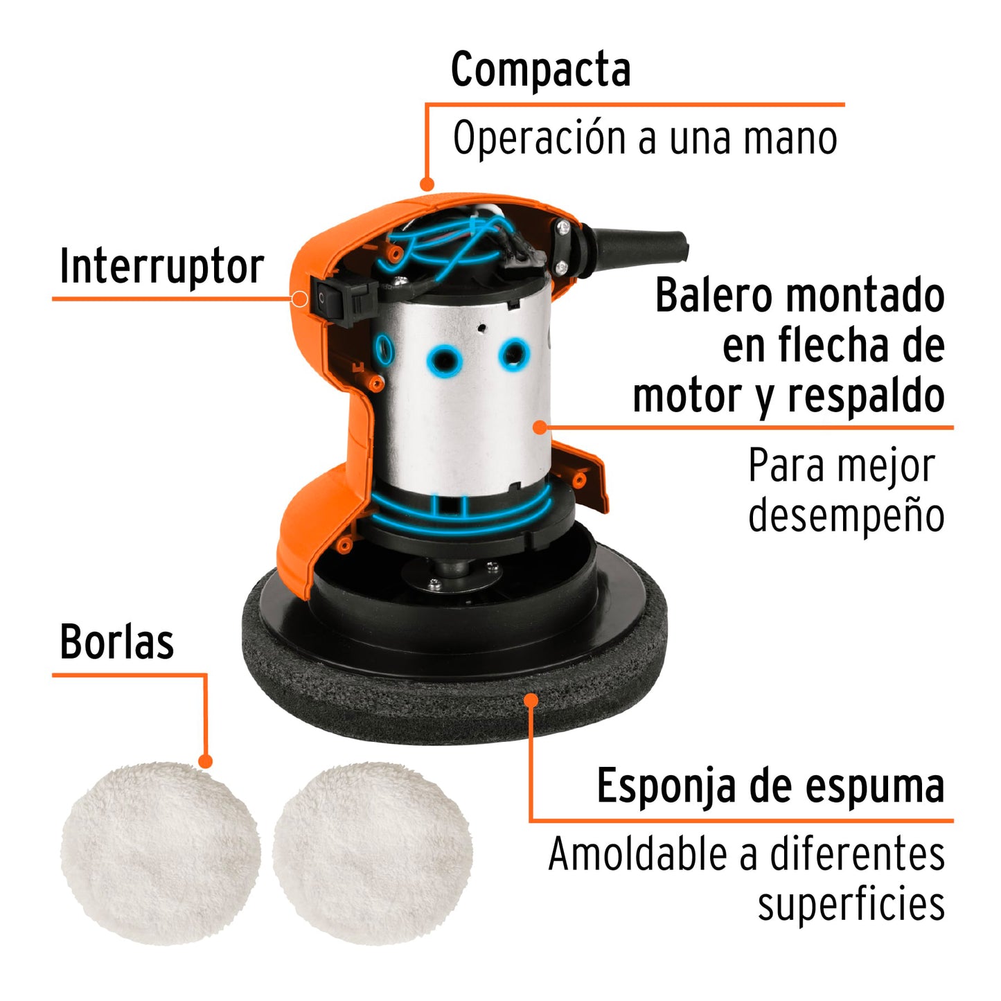 Pulidora compacta a una mano, 6', 45 W, profesional, Truper