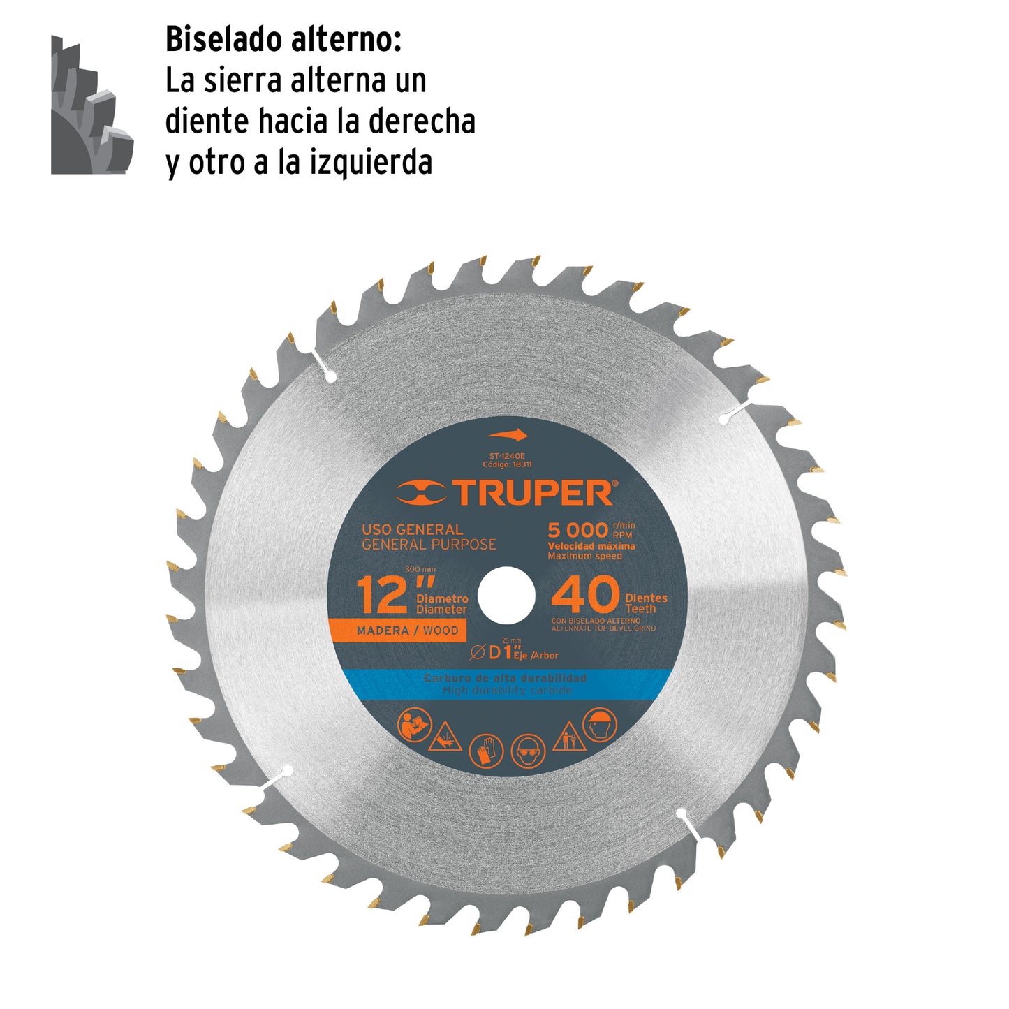 Disco sierra 12' para madera, 40 dientes centro 1', Truper