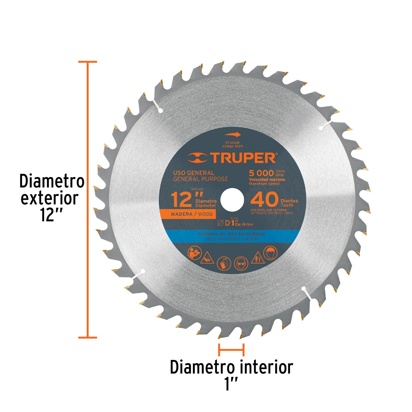 Disco sierra 12' para madera, 40 dientes centro 1', Truper